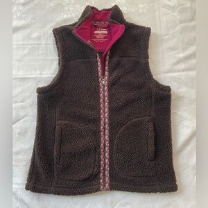 LL BEAN Sherpa Fleece Vest Womens Small Full Zip Brown Ribbon Trim Outdoors